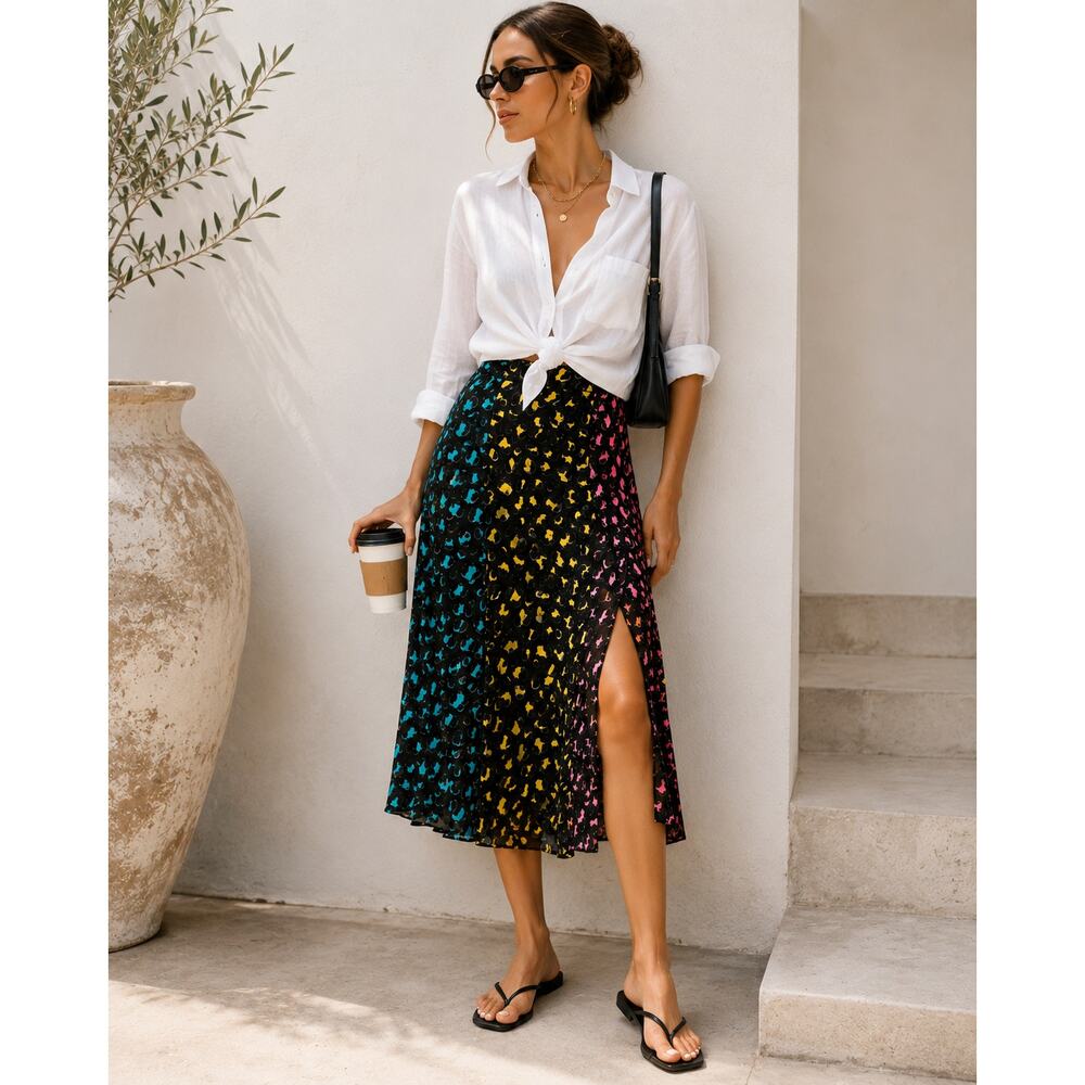 Alice + Olivia Jenessa Abstract Leopard Print Silk Blend Midi Skirt Size 8